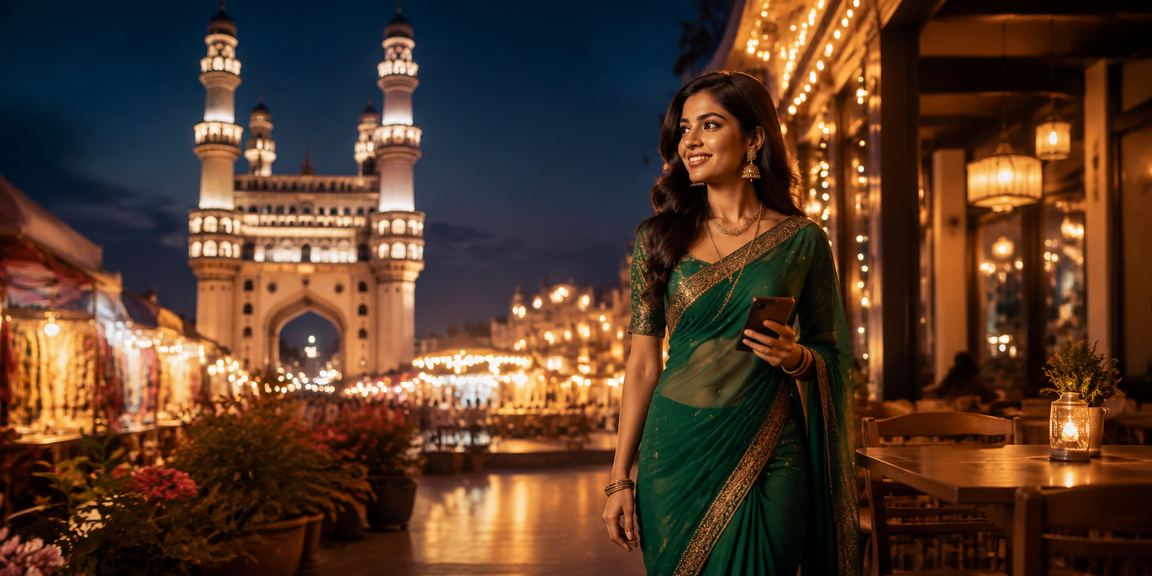 Indian woman playing online Rummy on mobile near Charminar, Hyderabad