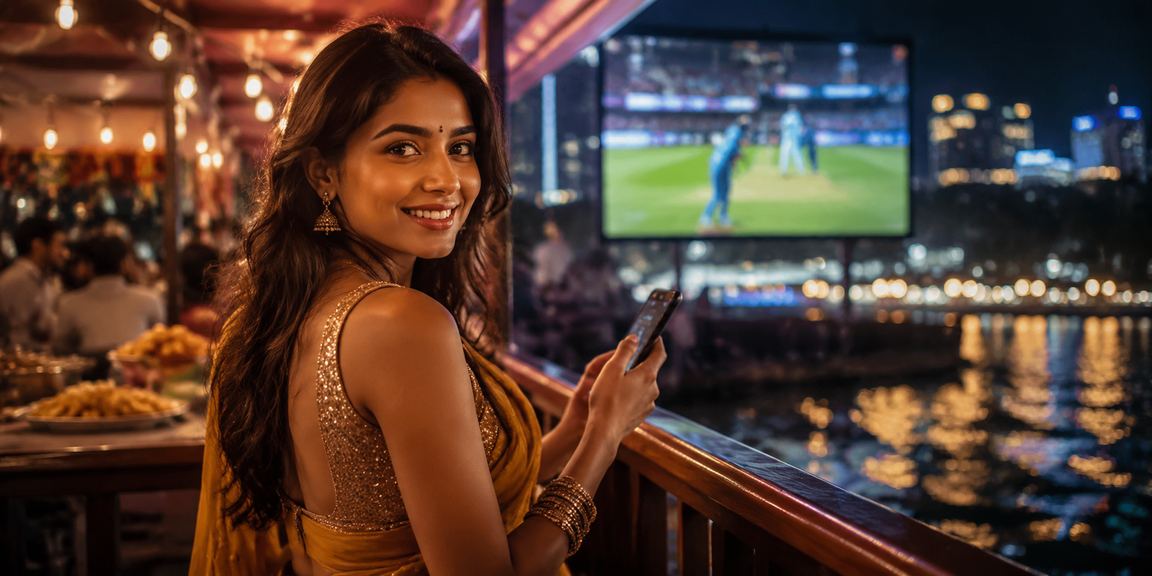 Mobile user betting live cricket match in night market setting