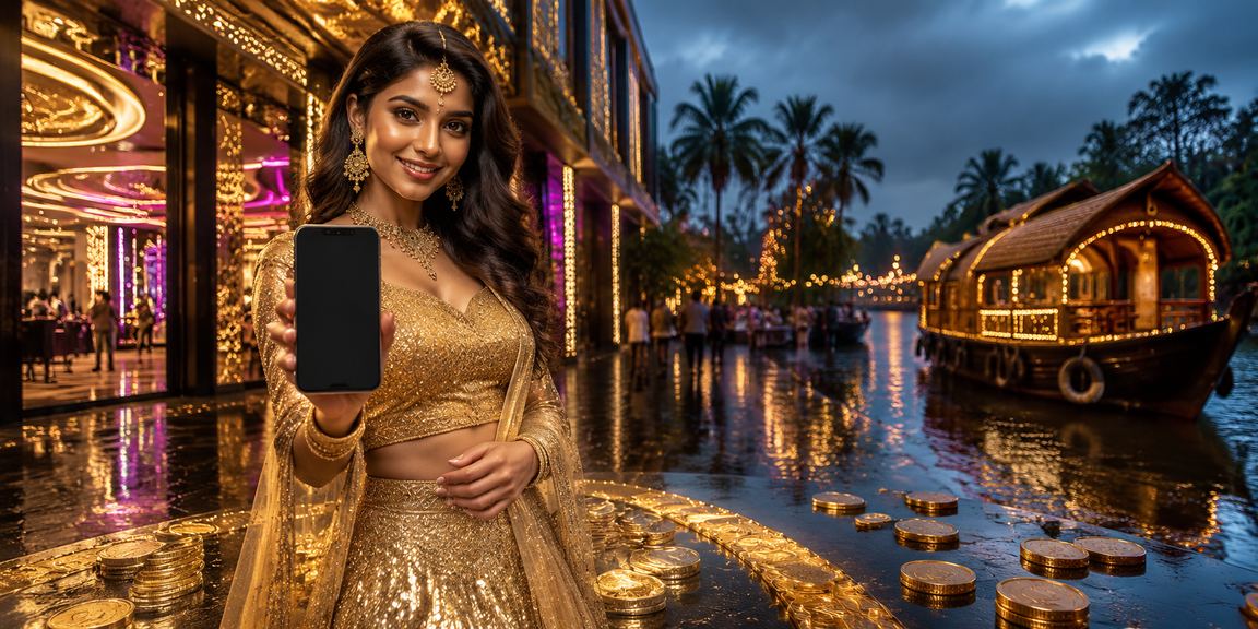 Young Indian woman enjoying rummy game on mobile in Kerala backwaters